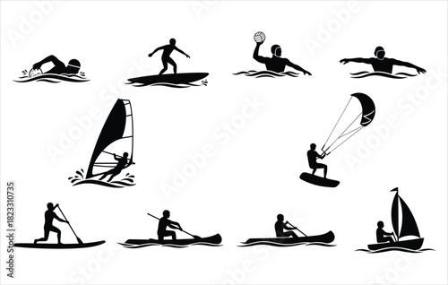 Water sports vector icons swimming surfing water polo windsurfing kitesurfing canoeing paddle boarding and sailing
