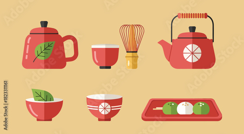Japanese tea ceremony set with teapot cups whisk and sweets on a tray.