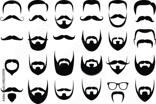Facial hair and eyeglasses silhouette set, beard styles, mustache icons, vector illustration, grooming elements, hipster design, black graphic collection