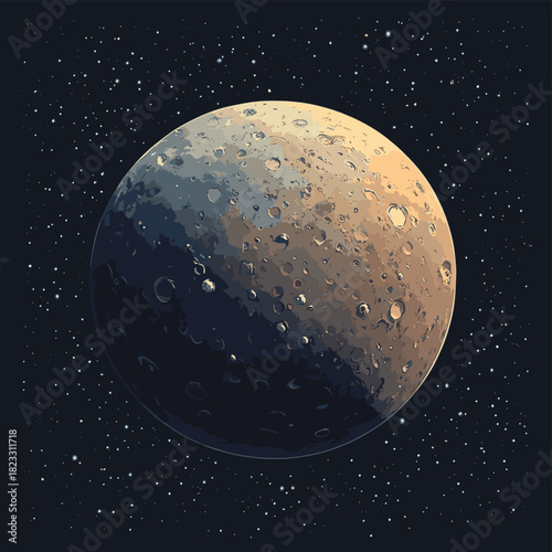 Ceres as a dwarf planet with bright white spots, dusty brown-gray surface, and asteroid belt backdrop  , vector style simple color