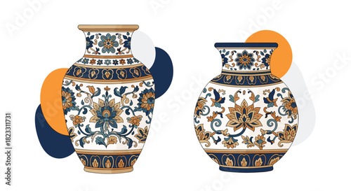 Pair of elegant ornamental vases with intricate floral patterns in classic blue and gold hues, set against modern abstract shapes.