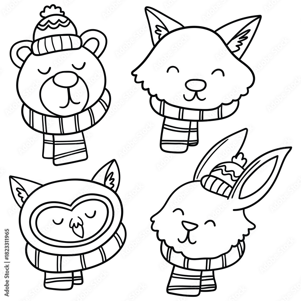 Naklejka premium Hand-drawn doodle winter set of animals with scarves and hats on a white background. Bear, fox, owl, hare.
