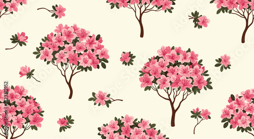 Seamless pattern with blooming pink azalea flowers and shrubs on a light cream background, creating a fresh and elegant floral design.