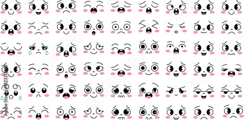 Cartoon facial expression set, cute emoji faces, emotional character design, vector illustration, mood icons, kawaii style, animation reference