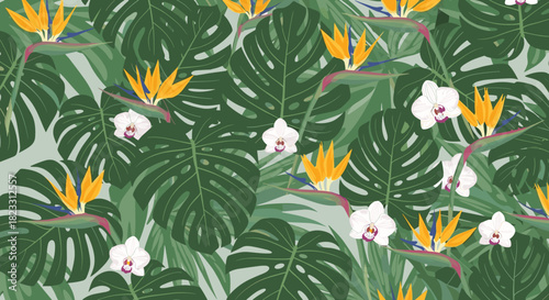 Lush tropical pattern with Monstera leaves, Bird of Paradise flowers, and white orchids creating a vibrant, seamless design.