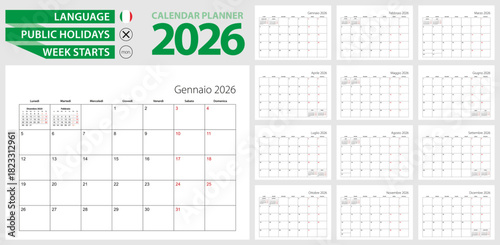 Italian calendar planner for 2026. Italian language, week starts from Monday.