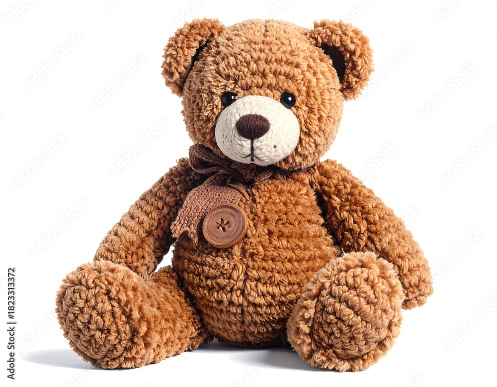 Fototapeta premium Brown plush teddy bear with a bow tie and button, sitting upright
