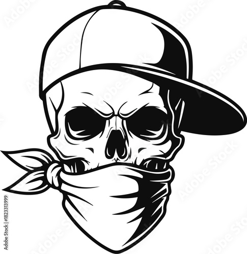 Black and white graphic of an intimidating skull in a snapback hat and bandana, symbolizing street life and anonymity