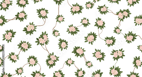 Delicate pink floral clusters with winding branches and green leaves scattered across a pristine white background, creating a charming botanical pattern.