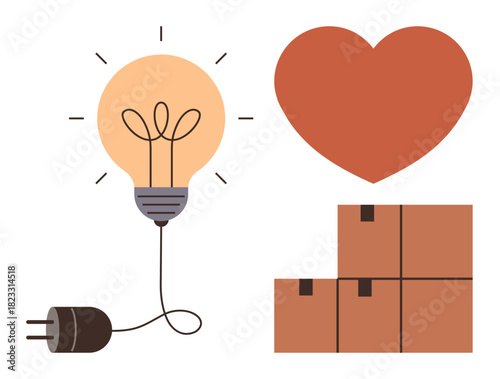 Light bulb plugged into outlet next to heart and stack of boxes. Ideal for innovation, creativity, logistics, teamwork, problem-solving, customer care, and efficiency. Simple flat metaphor