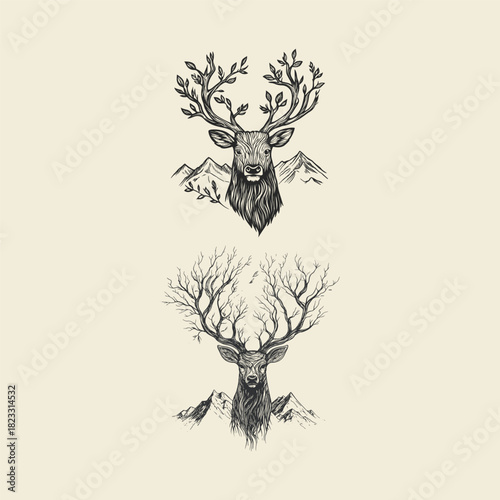 vintage engraving or sketch illustration depicting a majestic deer head with large branched antlers, centered over a rugged mountain range