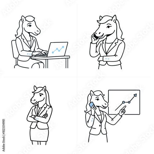 Female horse business characters with technology concepts. 2026 Zodiac mascot featuring blue circuit board details. AI and tech industry illustration