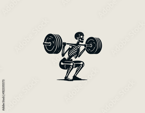 Detailed black and white illustration of a muscular skeleton figure executing a deep barbell squat with heavy weights across its shoulders in correct form.