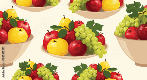 Seamless pattern of healthy fruit arrangements in bowls and on plates, showcasing fresh red apples, yellow pears, and green grapes.