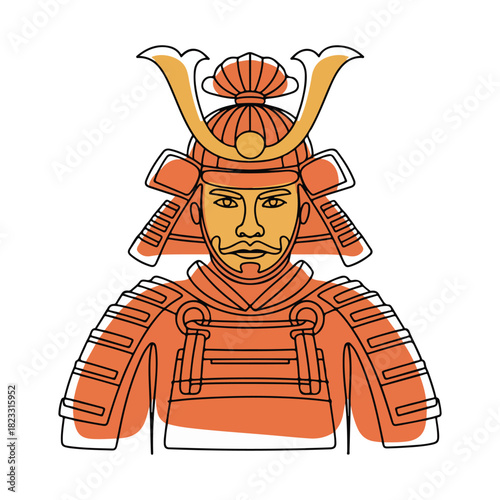 One continuous line illustration of an Samurai, isolated on white background.	