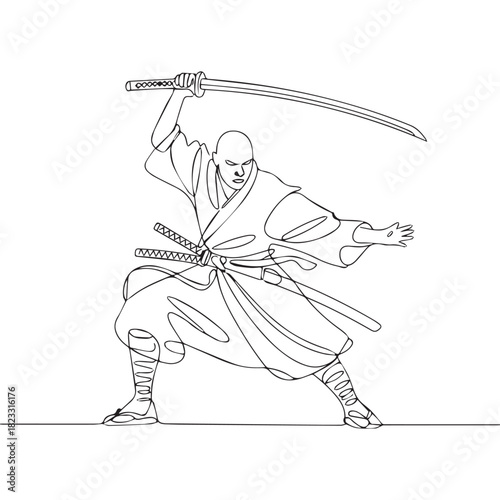 One continuous line illustration of an Samurai, isolated on white background.	