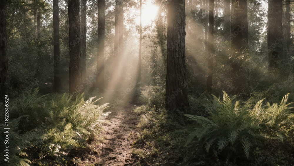 Fototapeta premium Sunbeams filter through a lush green forest illuminating a path.