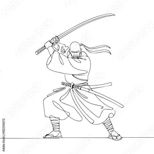One continuous line illustration of an Samurai, isolated on white background.	