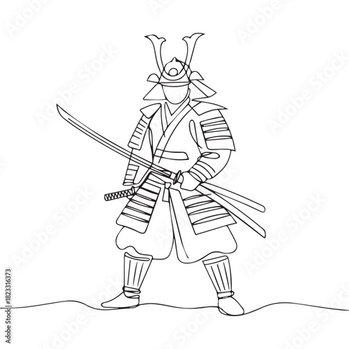 One continuous line illustration of an Samurai, isolated on white background.	