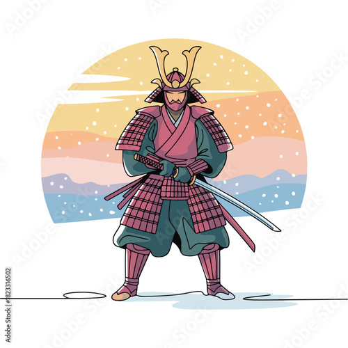 One continuous line illustration of an Samurai, isolated on white background.	