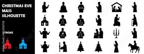 Christmas Eve Mass Silhouette Vector – Christian Midnight Prayer Festival Icons