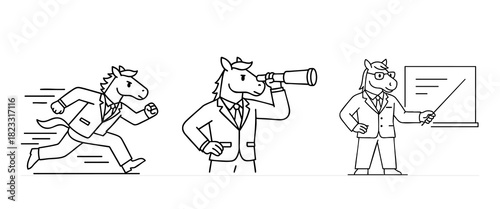 Strategic business horse characters set. Concepts of vision, speed, and growth. 2026 mascot holding telescope, running fast, and pointing at chart.
