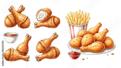 Watercolor Watercolor Fried Chicken with fried fries clipart for graphic resources