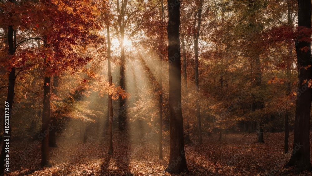 Fototapeta premium Sunlight streams through autumn forest trees, creating a beautiful scene.