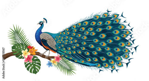 A magnificent blue peacock with its iridescent fanned tail perched gracefully on a tropical branch adorned with colorful exotic flowers and lush green leaves.