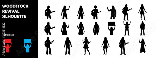 Woodstock Revival Music Festival Silhouette Vector – Guitar, Crowd Concert, Hippie Culture