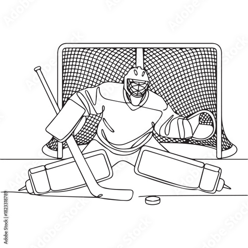 One continuous line illustration of an Ice hockey
, isolated on white background.	