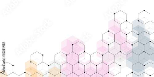 A subtle hexagon pattern background with interconnected shapes in soft multicolor vector. Simple abstract modern background black geometric hexagonal honeycomb shape texture background 3d copy space.	