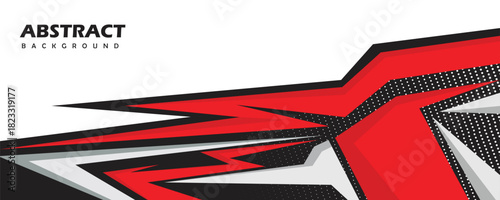 Dynamic red and black abstract background with sharp diagonal lines and halftone dots pattern. Modern sporty design suitable for banners, posters, racing themes, and energetic digital presentations.