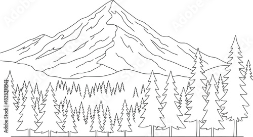 Mountain peak forest trees nature landscape outline drawing scenic wilderness