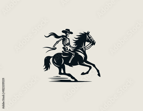 Wallpaper Mural Dynamic black vector silhouette of a skeletal cowboy figure wearing a western hat, riding a powerful horse at high speed with stylized flowing hair and speed lines Torontodigital.ca