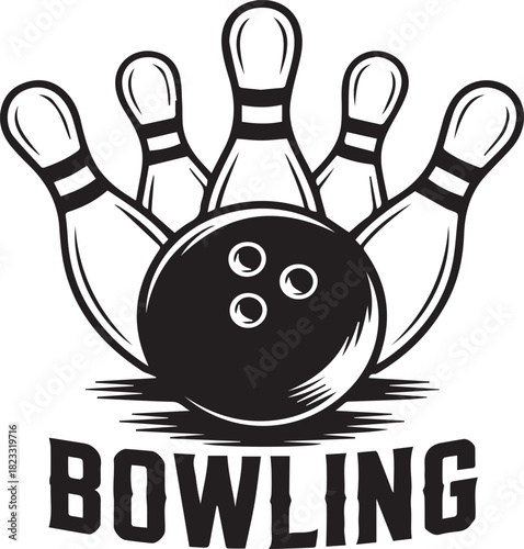 Black and white bowling ball and pins with word bowling sport game