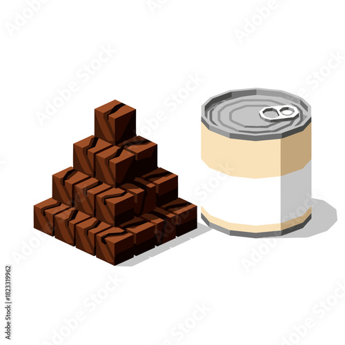 An isometric illustration depicts a stack of rich chocolate brownies next to a plain, silver-topped tin can, suggesting food storage or a sweet treat.