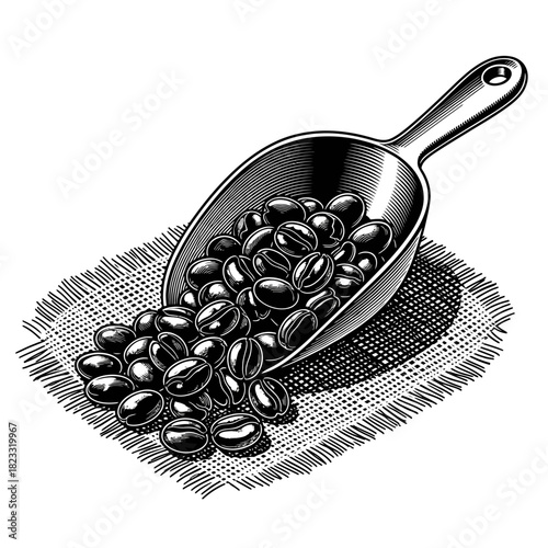 A classic black and white illustration features fresh coffee beans overflowing from a polished metal scoop onto a textured burlap surface, ideal for beverage designs.