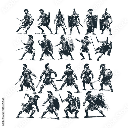 Ancient knight warrior. Black white illustration.