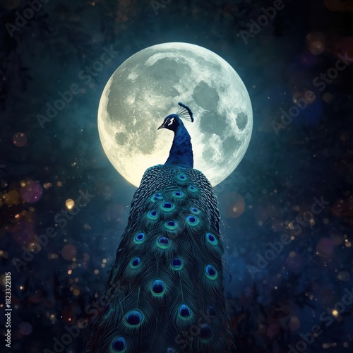 Majestic peacock silhouetted against a full moon at night