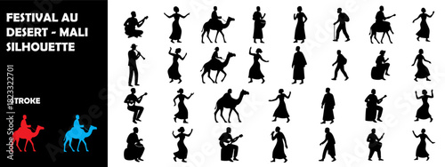 Festival au Desert Mali Silhouette Vector – Tuareg Music, Sahara Desert Cultural Event Illustration