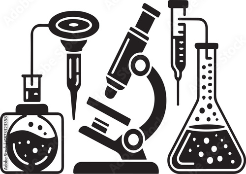 Black and white illustration of laboratory equipment with liquids science microscope
