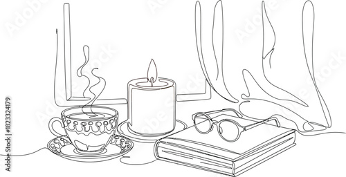 Candle tea book glasses window cozy reading relaxation lineart minimal