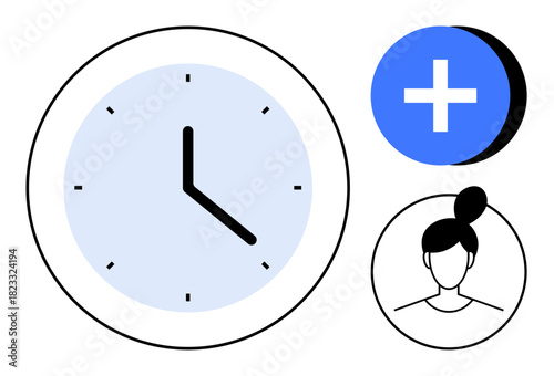 Time management. Clock, user avatar, and plus symbol time management for scheduling and adding user features. Time management ensures optimized productivity and user functionality. For apps