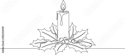 Candle flame holly berries christmas holiday winter decoration line drawing