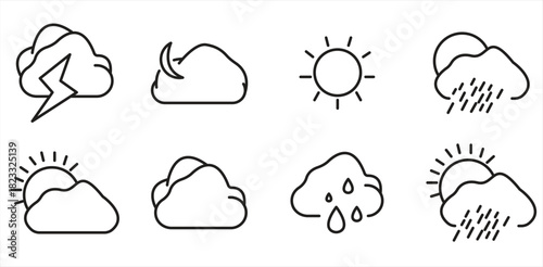 Weather icons set in line style, cloud logo symbols and signs, simple modern design, beautiful weather, simple cloud icons. vector illustration
