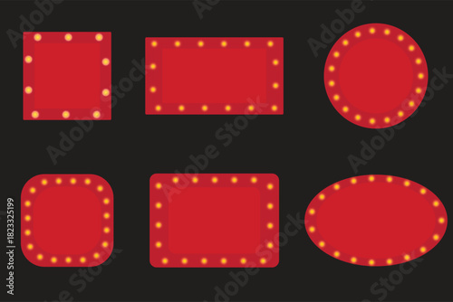 Red vintage light frames with glowing bulbs, various shapes