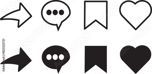 share icon set, like, unlike, comment, share, message, thumb and save simple black style, Arrow symbol. button connection sign illustration,
