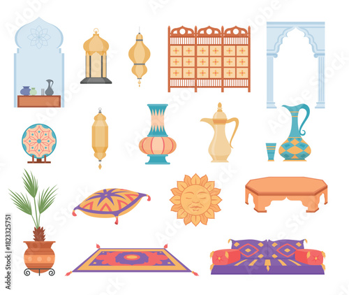 A collection of various interior design elements in a Middle Eastern style. It includes decorative lamps, ceramics, pillows, and traditional furniture.