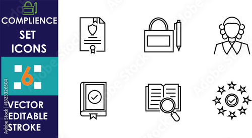 Minimal compliance icon set featuring documents, security padlock, certified user, secure file, audit book with magnifier, and regulatory stars symbol, presented in clean editable vector style